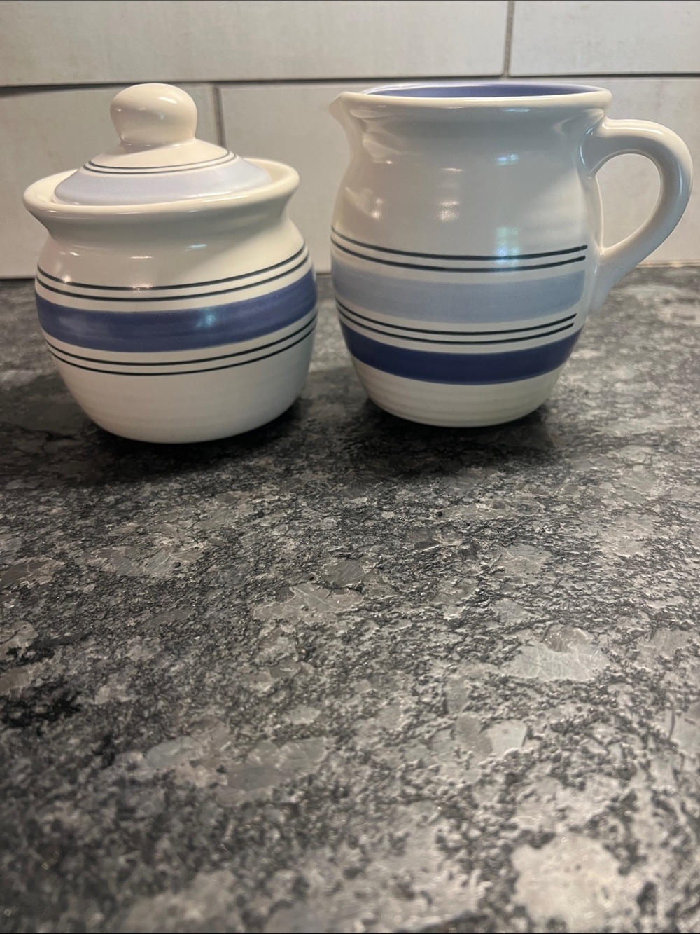 Pfaltzgraff Vintage RIO Sugar and Creamer Ceramic Blue Striped set. Like new